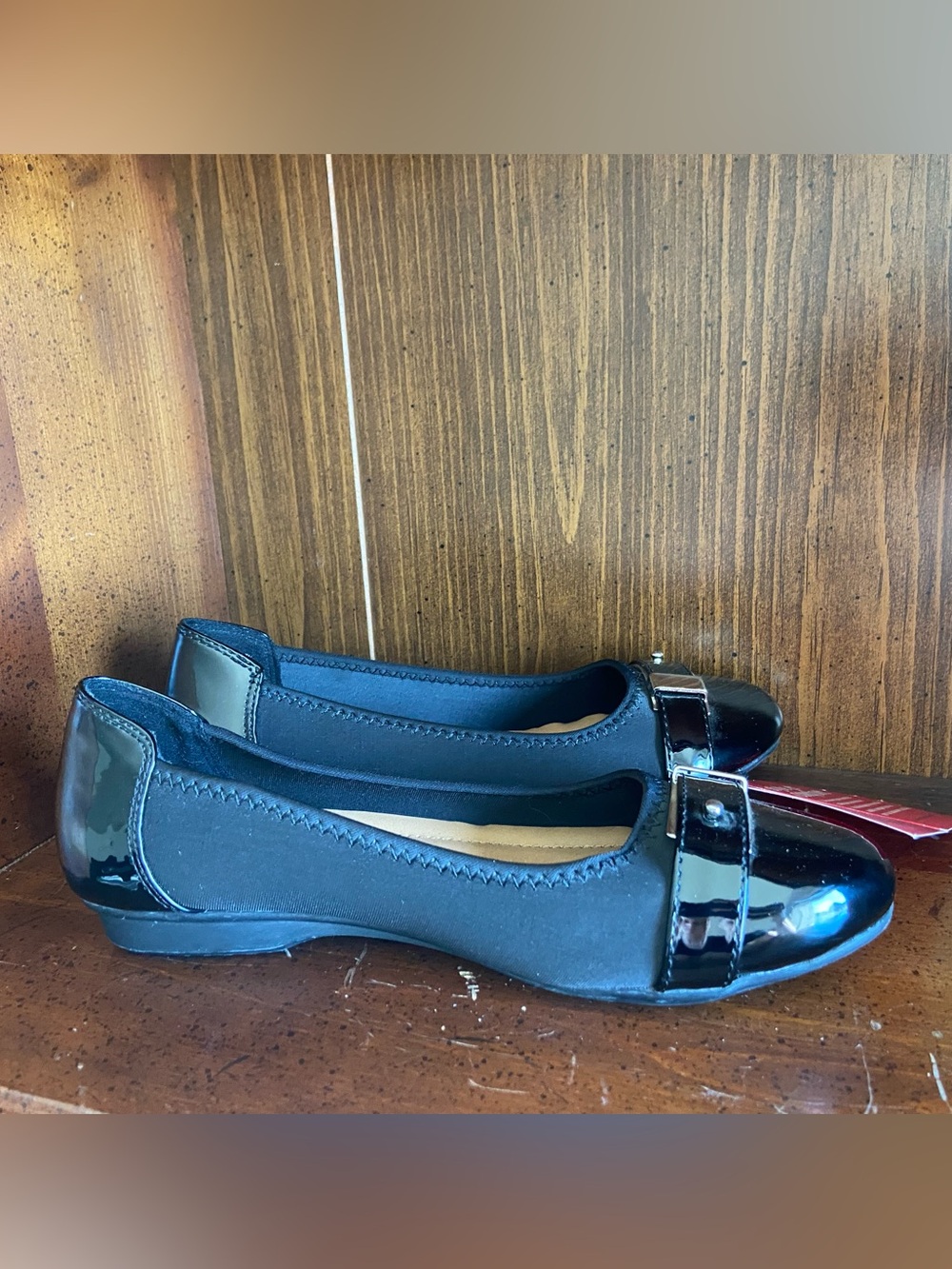 NWT Womens Dexflex Comfort Black Patent Cap-Toe Ballet Flats 7.5 Slip ons
